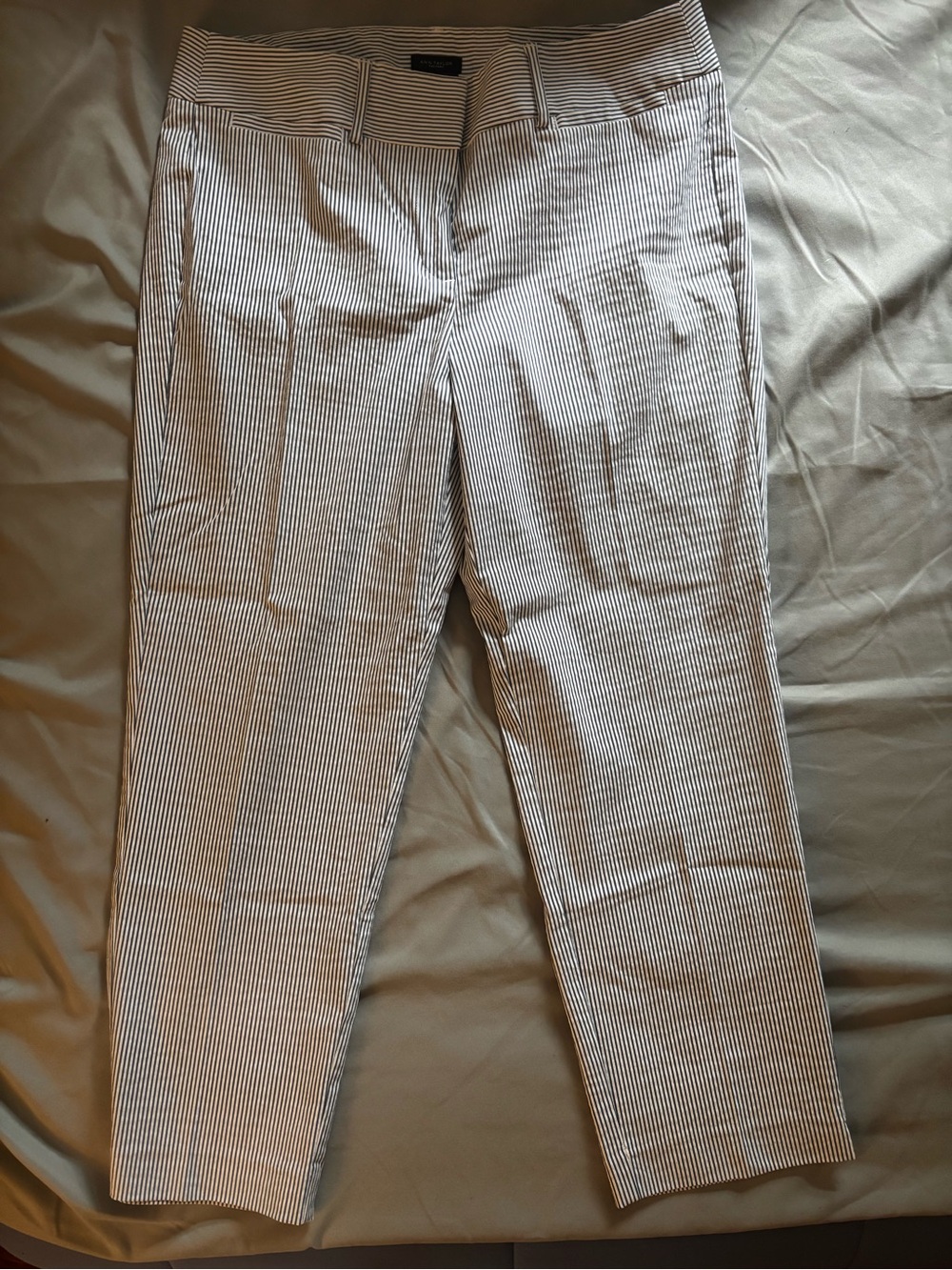 Ann Taylor Factory Signature Seersucker Ankle Pants Size 8 Blue & White Stripe